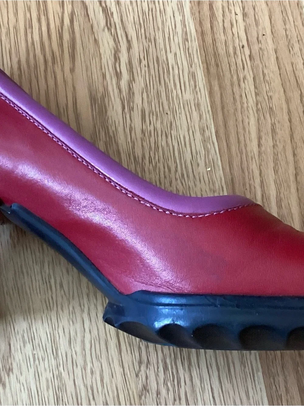 John Fluevog Red Leather Pumps With Purple Trim, Size 12, Spool Heel